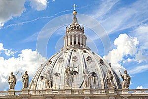 St. Peter`s Basilica Cathedral`s roof with famous statues.