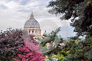 St. Peter`s Basilica dome and Vatican gardens, Rome, Italy