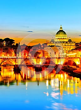 St. Peter`s Basilica at dusk in Rome