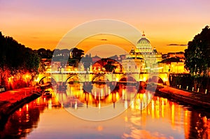 St. Peter`s Basilica at dusk in Rome