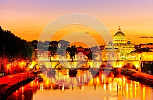 St. Peter`s Basilica at dusk in Rome