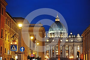 St. Peter`s Basilica night view, Rome, Italy