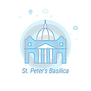 St. Peter`s Basilica, Rome Flat Vector Illustration, Icon. Light Blue Monochrome Design. Editable Stroke