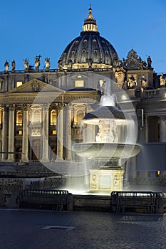 St. Peter`s Basilica on a St. Peter`s Square in Vatican at night