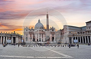 St. Peter`s Basilica on St. Peter`s square in Vatican at sunset, center of Rome, Italy