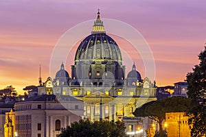 St. Peter`s basilica in Vatican at sunset, center of Rome, Italy translation
