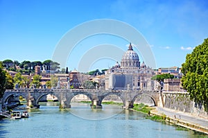 St. Peter`s Basilica in Vatican and Tiber river in Rome