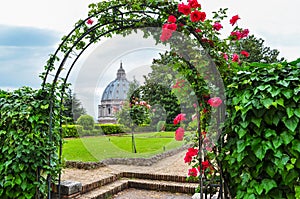St. Peter`s Cathedral dome and Vatican gardens, Rome, Italy photo