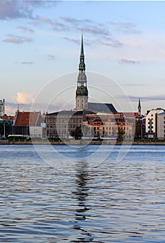 St. Peter\'s Cathedral in Old Riga view across the Daugava river 1