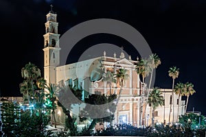 St. Peter& x27;s Church at night in old city Yafo, Israel.