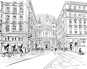 St. Peter`s Church. Vienna, Austria. Hand drawn sketch vector illustration.