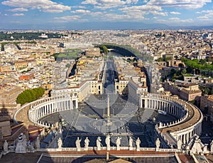 St. Peter`s square and Rome cityscape from top of St. Peter`s basilica, Vatican