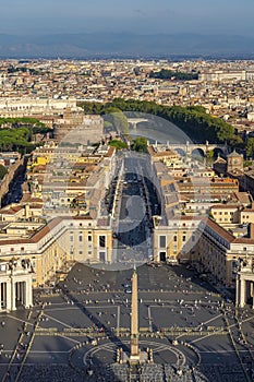 St. Peter`s square and Rome cityscape from top of St. Peter`s basilica, Vatican