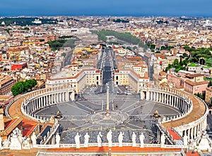 St. Peter`s square and Rome cityscape from top of St. Peter`s Cathedral, Vatican