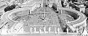 St. Peter`s Square and Rome panoramic cityscape. View from dome of St. Peters Basilica