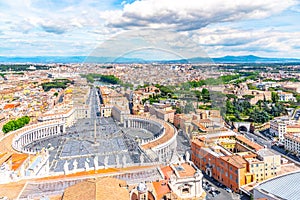 St. Peter`s Square and Rome panoramic cityscape. View from dome of St. Peters Basilica