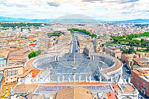 St. Peter`s Square and Rome panoramic cityscape. View from dome of St. Peters Basilica