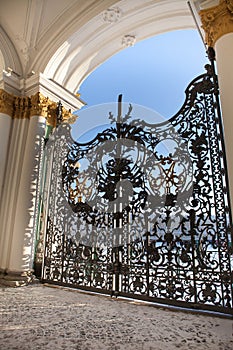 St. Petersburg, the central gate of the Hermitage, rich decor and golden monogram