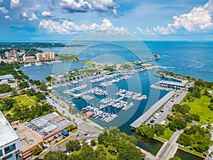 St Petersburg city downtown. State Florida. Gulf of Mexico. Panorama of St Pete FL with park and pier.