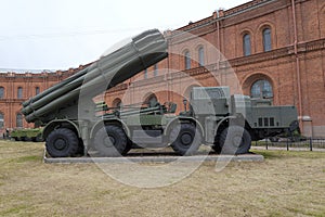 ST.Petersburg, combat vehicle 9A52 300-mm reactive volley-fire systems Smerch 9K58 in a military artillery Museum.