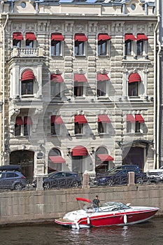 St. Petersburg, a house with red awnings on the windows