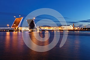 St. Petersburg By Night. Panorama of night city. View on the Neva river and the open bridge.