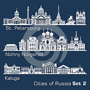 St. Petersburg, Nizhny Novgorod, Kaluga City skyline set. Russia. Vector silhouette on dark.