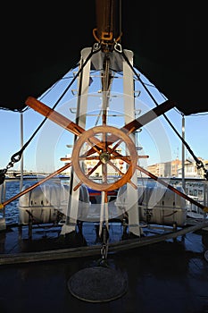 St. Petersburg, Peterhof, Russia - September 12, 2016: Wheel of Columbian Sailing Ship Gloria Moored in St. Petersburg