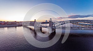 St. Petersburg Russia. Aerial panoramic view from drone to Peter the Great bridge of white nights. Bolsheokhtinsky