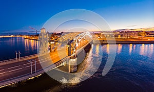 St. Petersburg Russia. Aerial panoramic view from drone to Peter the Great bridge of white nights. Bolsheokhtinsky