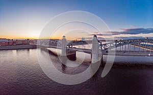 St. Petersburg Russia. Aerial panoramic view from drone to Peter the Great bridge of white nights. Bolsheokhtinsky