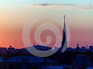 ST. PETERSBURG. RUSSIA - August 28, 2019. Krestovsky stadium, the Lakhta Center skyscraper and the Peter and Paul Fortress against