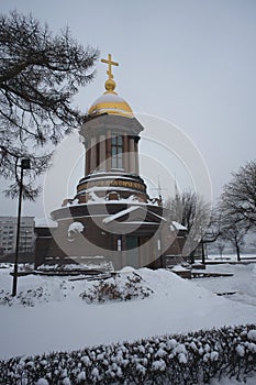 St. Petersburg, Russia, December 16, 2023. View of the Chapel of the Life-Giving Trinity from the avenue.