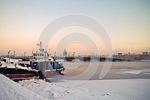 Winter view of the Annunciation Blagoveschensky bridge with Saint Isaac`s Cathedral, St. Petersburg, Russia