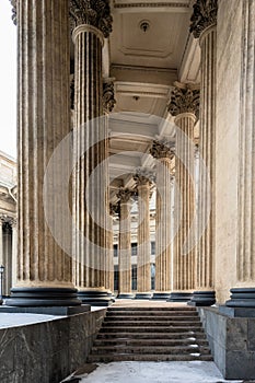 St. Petersburg, Russia, February 10, 2024. Staircase inside the colonnade of the Kazan Cathedral.