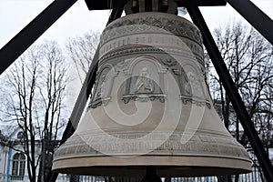 St. Petersburg, Russia, January 2020. Large bronze bell in the square near the Smolny Cathedral.