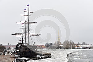 Flying Dutchman sailing ship. Winter Day at the waterfront in St. Petersburg, Russia