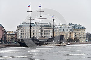 Flying Dutchman sailing ship. Winter Day at the waterfront in St. Petersburg, Russia