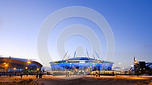 St. Petersburg, Russia-January, 2020: Zenit arena in winter in St. Petersburg at night. Concept. New stadium football