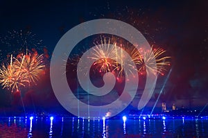 ST. PETERSBURG, RUSSIA - JUNE, 2018: Fireworks over Neva river at alumni celebration Scarlet sails. White nights