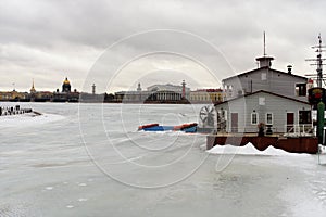St. Petersburg, Russia, March 10, 2019. View arrow Vasilyevsky Island from the Petrograd side of the river pier.