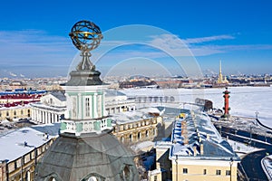 ST. PETERSBURG, RUSSIA - MARCH, 2019: dome with armillary sphere of the Kunstkammer in St. Petersburg, Russia