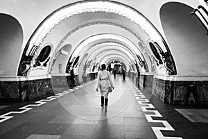 Inside Ploshchad Vosstaniya metro station in Saint Petersburg, Russia. Black and white