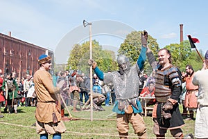 St. Petersburg, Russia - May 27, 2017: Demonstrational sword fight at the historical reconstruction festival in St. Petersburg, Ru