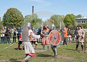 Historical reconstruction of sword fighting. Demonstrative fight with swords in St. Petersb