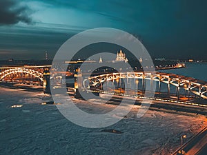 St. Petersburg. Russia. Night panorama of the Smolny Cathedral in St. Petersburg. Annunciation bridge