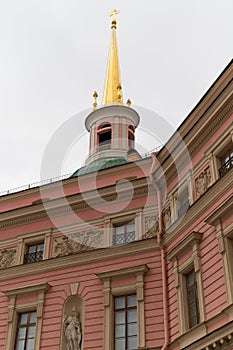 St. Petersburg, Russia, October 28, 2023. Church spire and fragment of the facade inside the courtyard of the Engineering Castle.