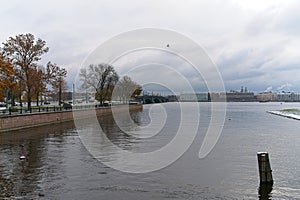 St. Petersburg, Russia, October 28, 2023. Cityscape, river, embankment and bridge.