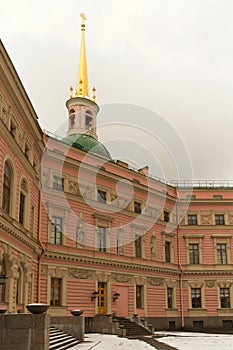 St. Petersburg, Russia, October 28, 2023. Inner courtyard of the Mikhailovsky Castle, facade of the palace.