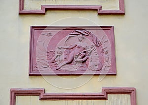 ST. PETERSBURG, RUSSIA. A terracotta bas-relief Venus on a facade of the Summer Palace of Peter the Great